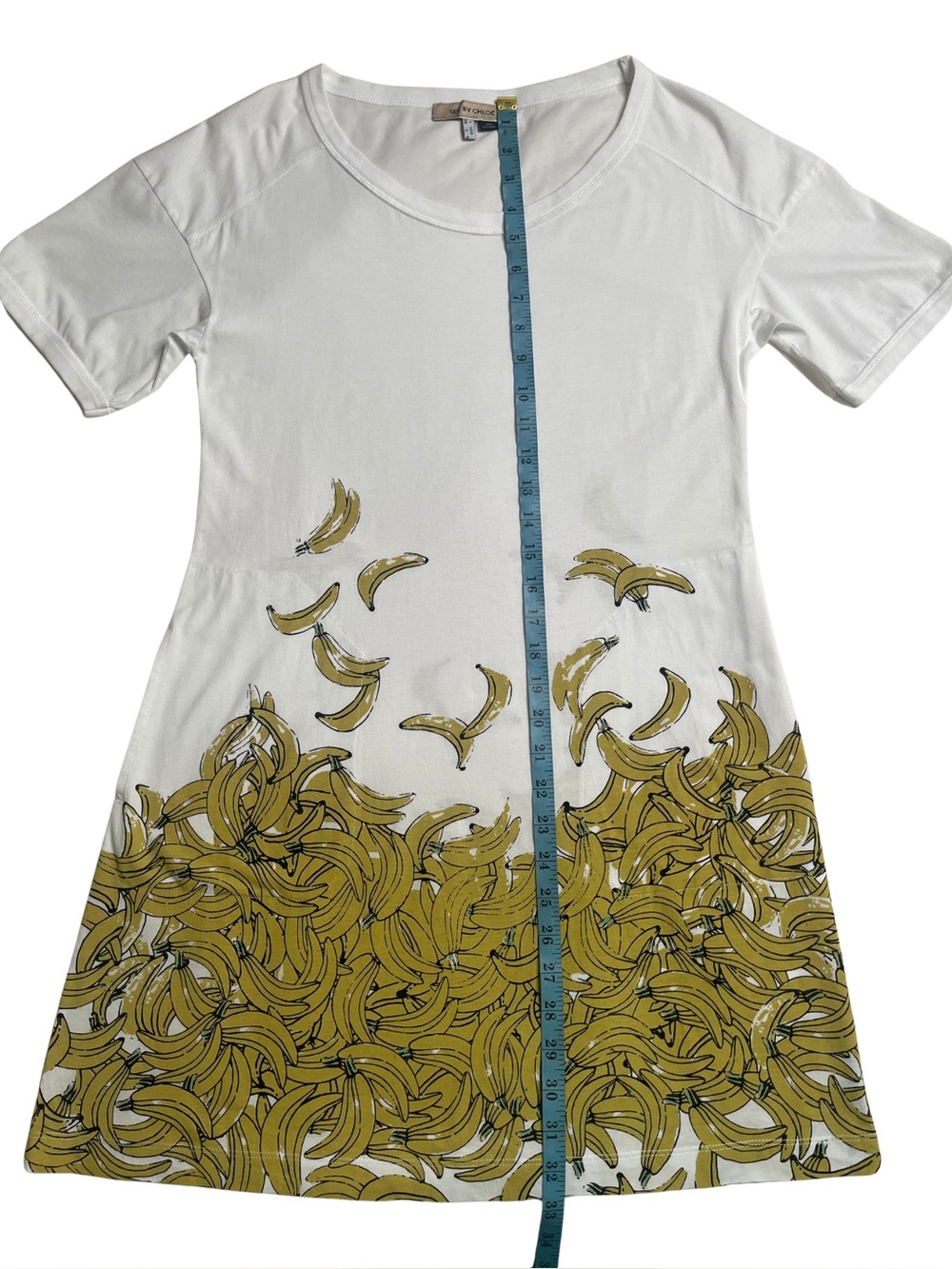 See By Chloe Banana Print A-Line T-Shirt Dress Cotton Pocket Dress White Yellow - Picture 4 of 6